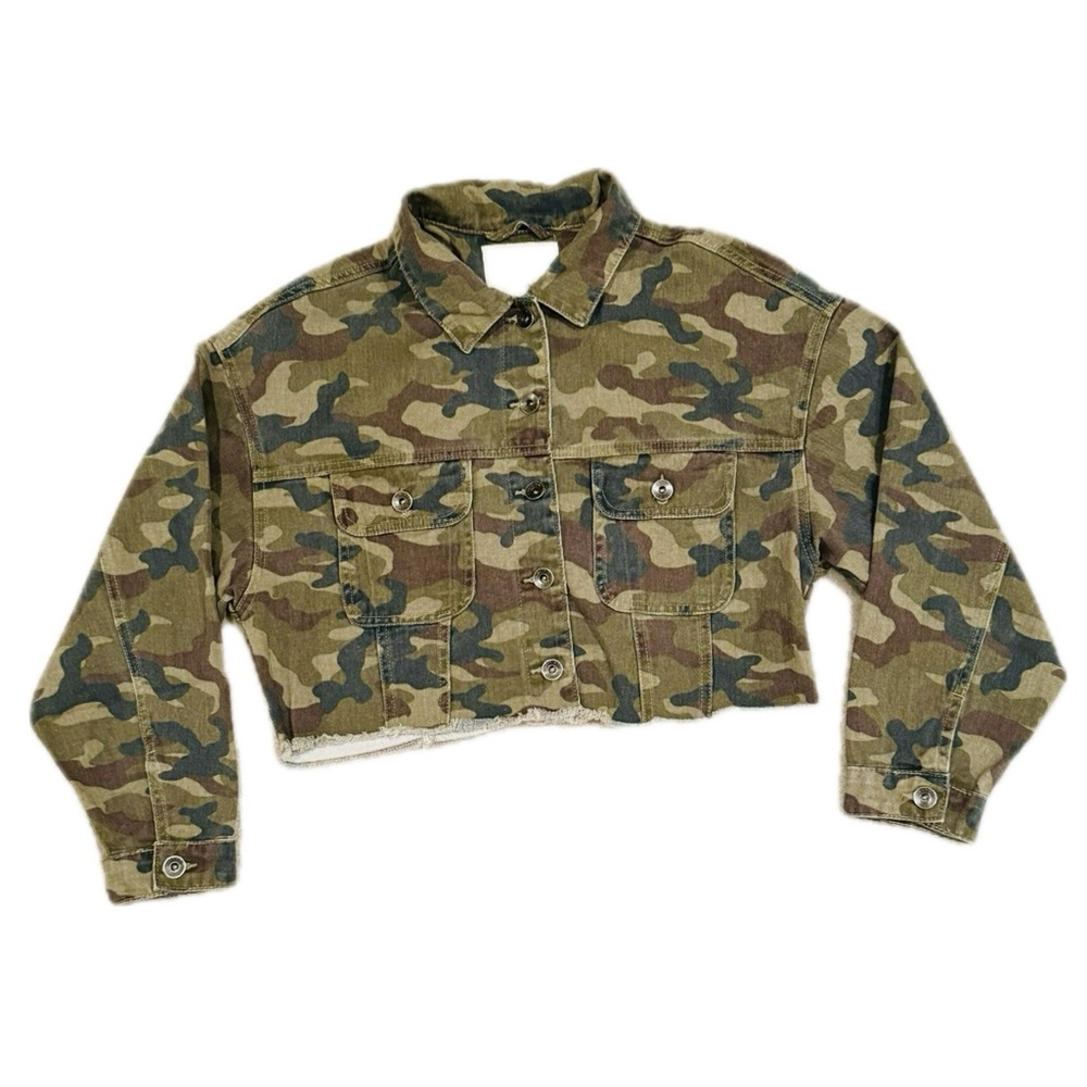 👖🪖 COTTON ON 91 Modern Camo Cropped Urban Utility Street Denim Jacket | Sz 4